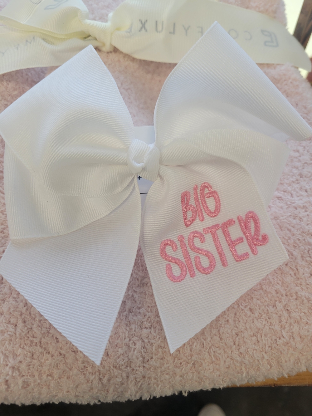White Grosgrain 'Big Sister' Hair Bow - Pink Embroidery